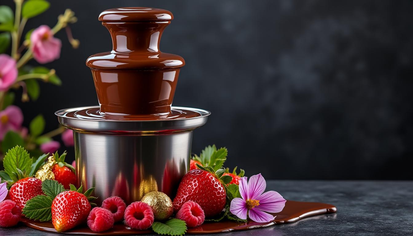 découvrez comment créer une ambiance festive et gourmande avec une fontaine de chocolat noir, parfaite pour ravir vos invités lors de vos événements.