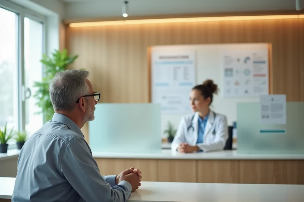 Patient discutant avec une réceptionniste à l'accueil d'un laboratoire d'analyses médicales dans le Var
