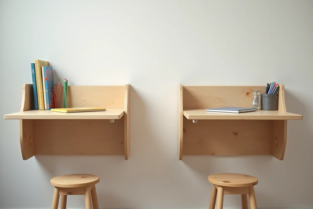 Bureau rabattable mural double dans une chambre de garçons, deux postes de travail compacts sans encombrement