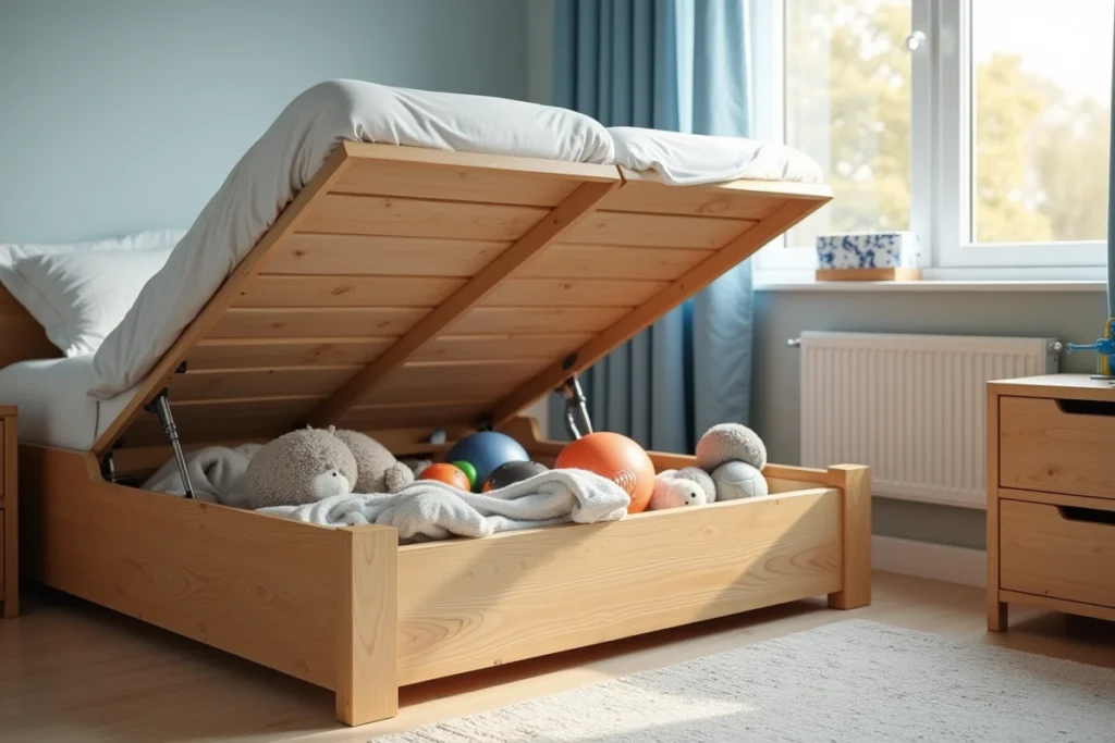 Coffre de lit avec rangement intégré dans une chambre de garçons, le sol libéré de tout meuble bas grâce au stockage sous le lit