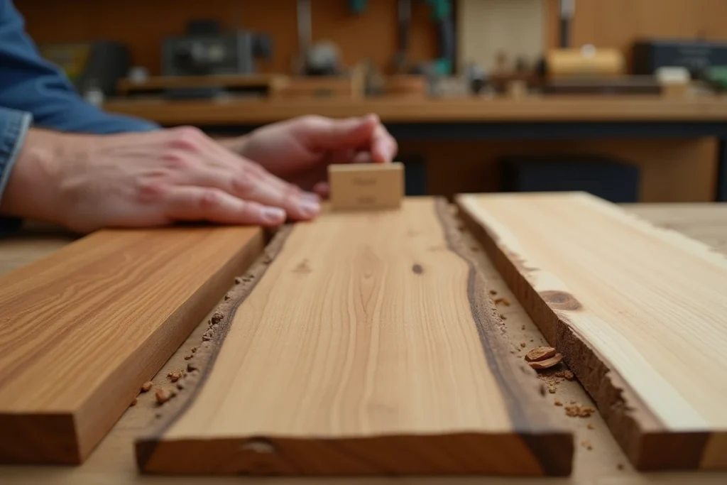 Comparaison de trois échantillons de bois pour terrasse — teck, douglas et ipé — posés sur un établi d'atelier avec détail de texture et grain naturel
