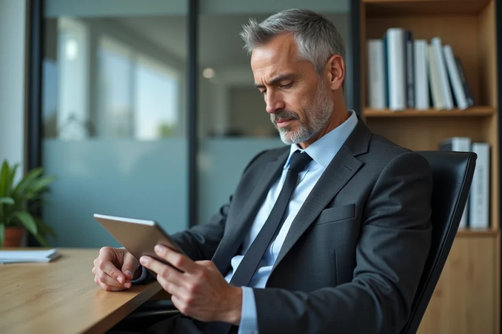 Directeur d'entreprise utilisant une solution RH numérique sur tablette dans un bureau épuré et professionnel