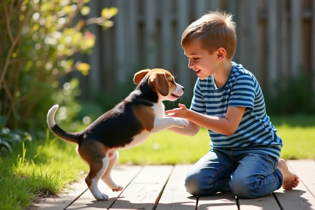Enfant jouant avec un chiot beagle dans un jardin ensoleillé, illustrant le bonheur d'adopter un animal de compagnie en famille