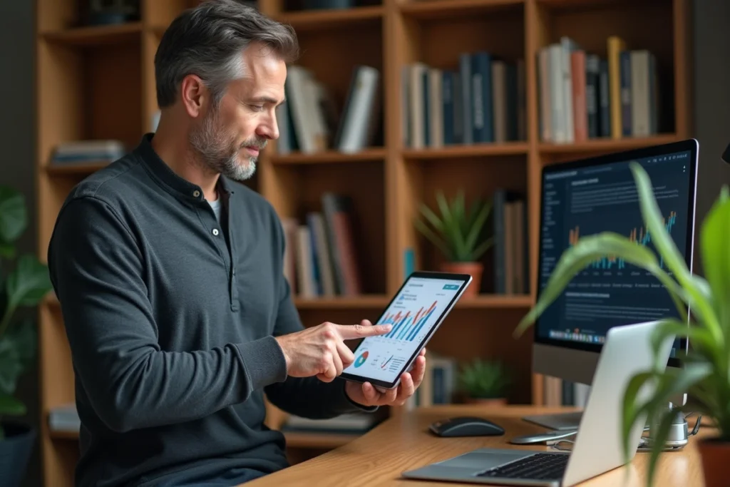 Entrepreneur masculin analysant les statistiques de visibilité de son site web professionnel sur une tablette