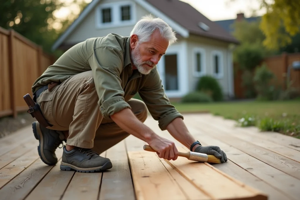 Artisan appliquant une huile de protection sur des lames de bois pour terrasse extérieure en cours de construction, vue rapprochée en extérieur
