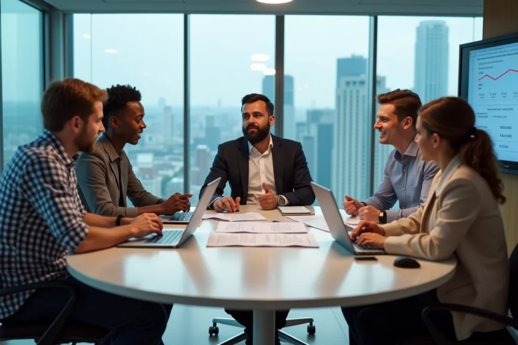 Équipe RH collaborant autour d'une table de réunion avec des documents de stratégie et des données de performance