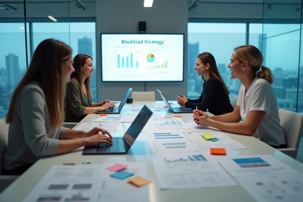 Équipe professionnelle collaborant sur la stratégie de visibilité d'un site web en salle de réunion