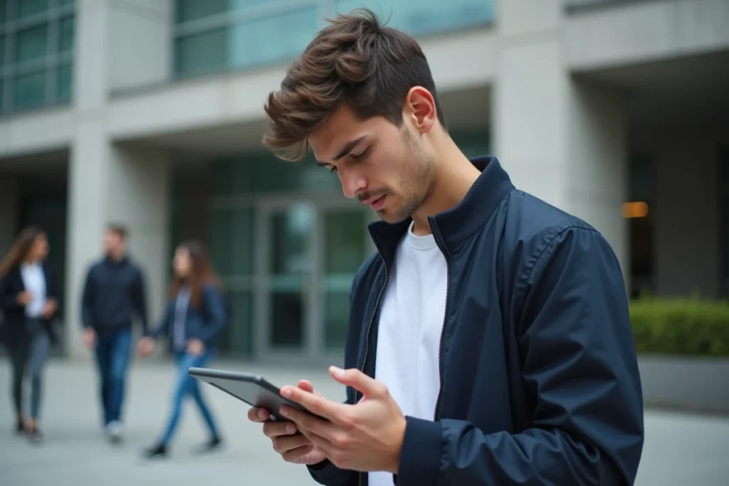 Étudiant consultant sa messagerie académique Nantes bloquée sur tablette devant le campus