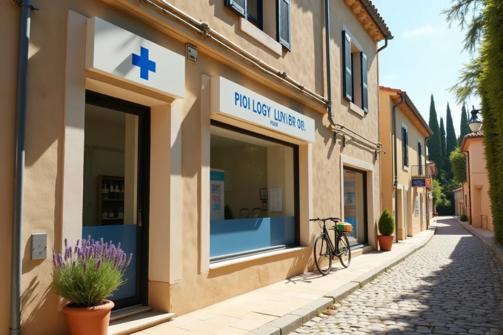 Façade extérieure d'un laboratoire de biologie médicale dans un village provençal proche du Cannet des Maures