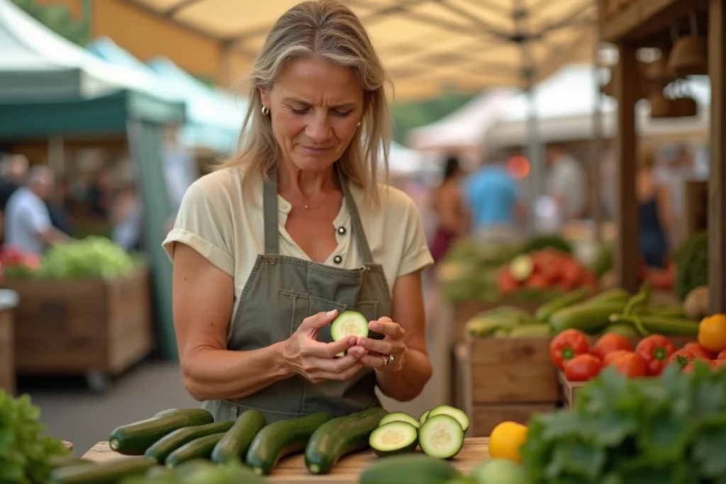 Femme inspectant une courgette coupée sur un marché en plein air, vérifiant les signes visuels d'amertume sur la chair décolorée du légume