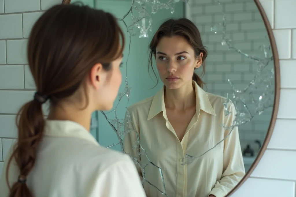 Femme pensive face à un miroir de salle de bain brisé reflétant son visage en multiples fragments, évoquant la signification spirituelle du miroir cassé