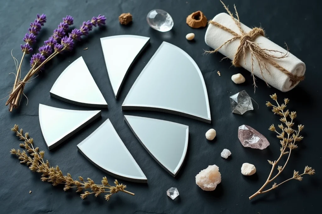 Fragments de miroir brisé disposés avec des cristaux de quartz et de la sauge blanche sur une ardoise sombre, rituel de purification spirituelle et symbolisme ésotérique