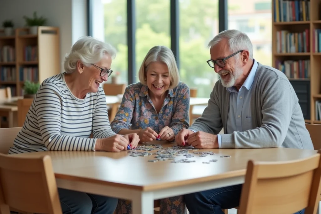 Groupe de retraités souriants jouant ensemble à un puzzle dans un centre communautaire, illustrant la socialisation et le bien-être après 60 ans
