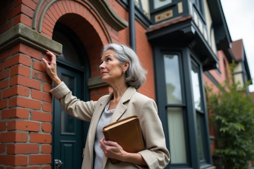 Historienne examinant les détails en brique et carreaux en terre cuite d'une maison Tudor Revival des années 1920 en milieu urbain