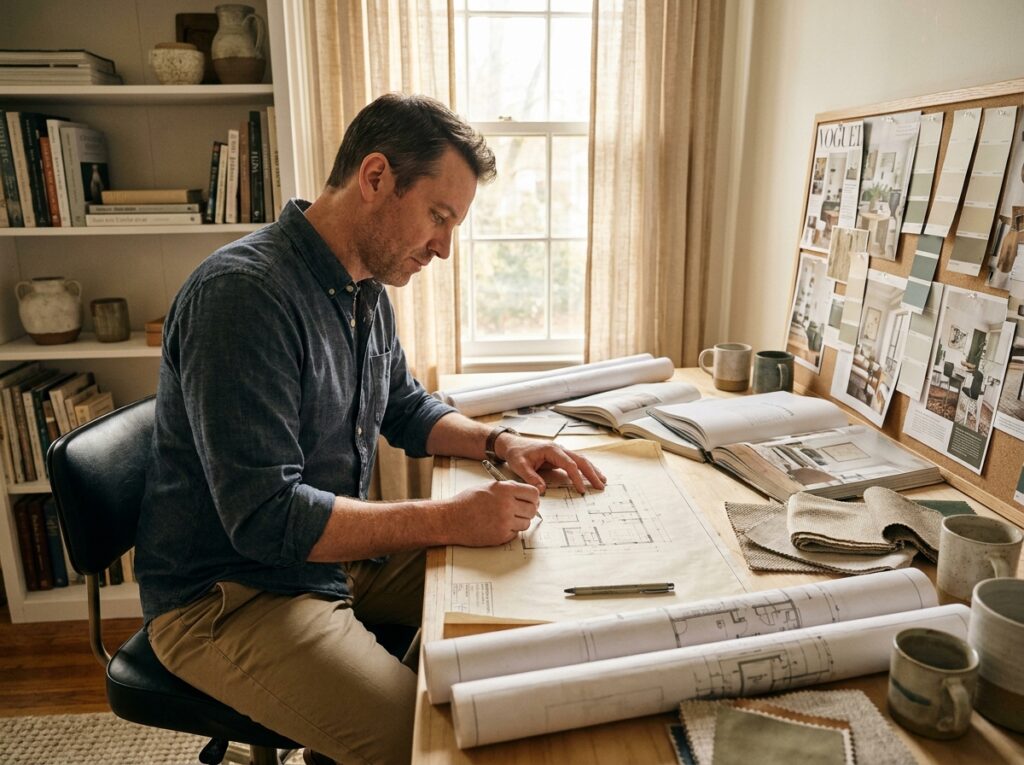 Homme architecte d'intérieur dessinant un plan à la main dans son bureau créatif rempli de références de décoration