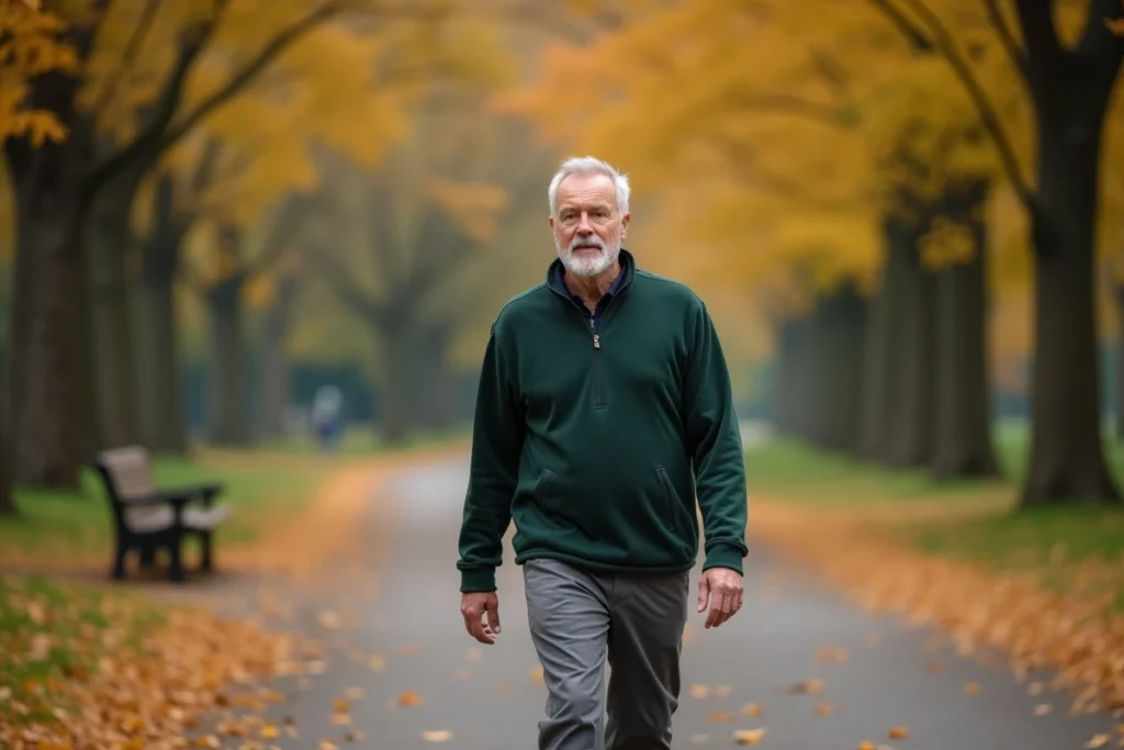 Homme retraité en bonne forme marchant dans un parc en automne, symbole d'une vie active et en bonne santé après 60 ans