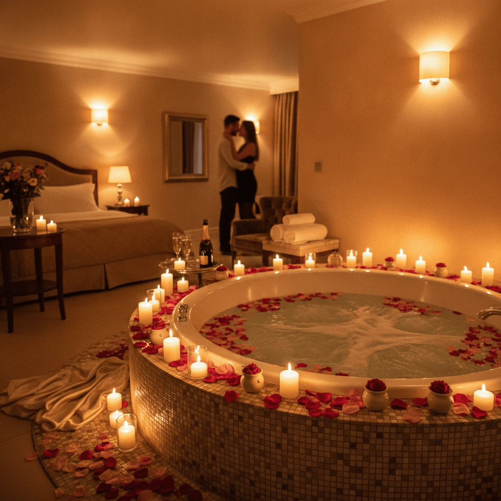 Détail d'un jacuzzi privatif avec pétales de roses et champagne dans une suite romantique d'un love hôtel belge