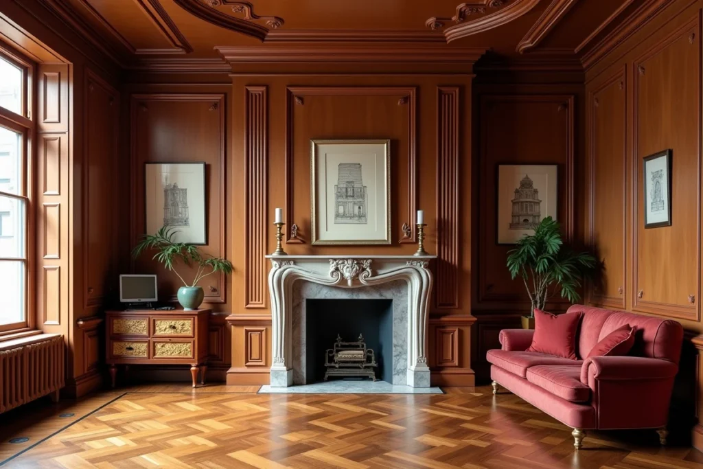 Salon intérieur Art Déco des années 1920 avec parquet en chevrons, moulures géométriques au plafond et cheminée en marbre