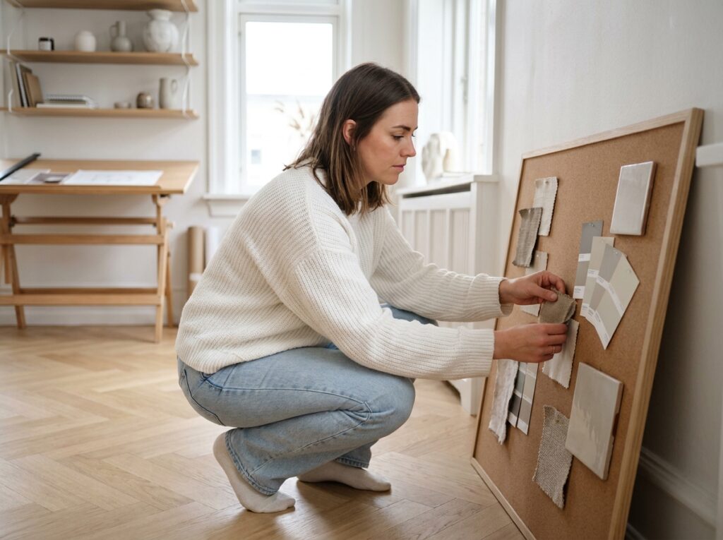 Jeune femme décoratrice arrangeant des échantillons de matériaux sur un moodboard dans un studio de design minimaliste