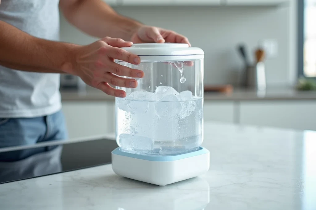 Gros plan sur le remplissage du réservoir d'eau du Klarstein Maxfresh avec des glaçons dans une cuisine moderne