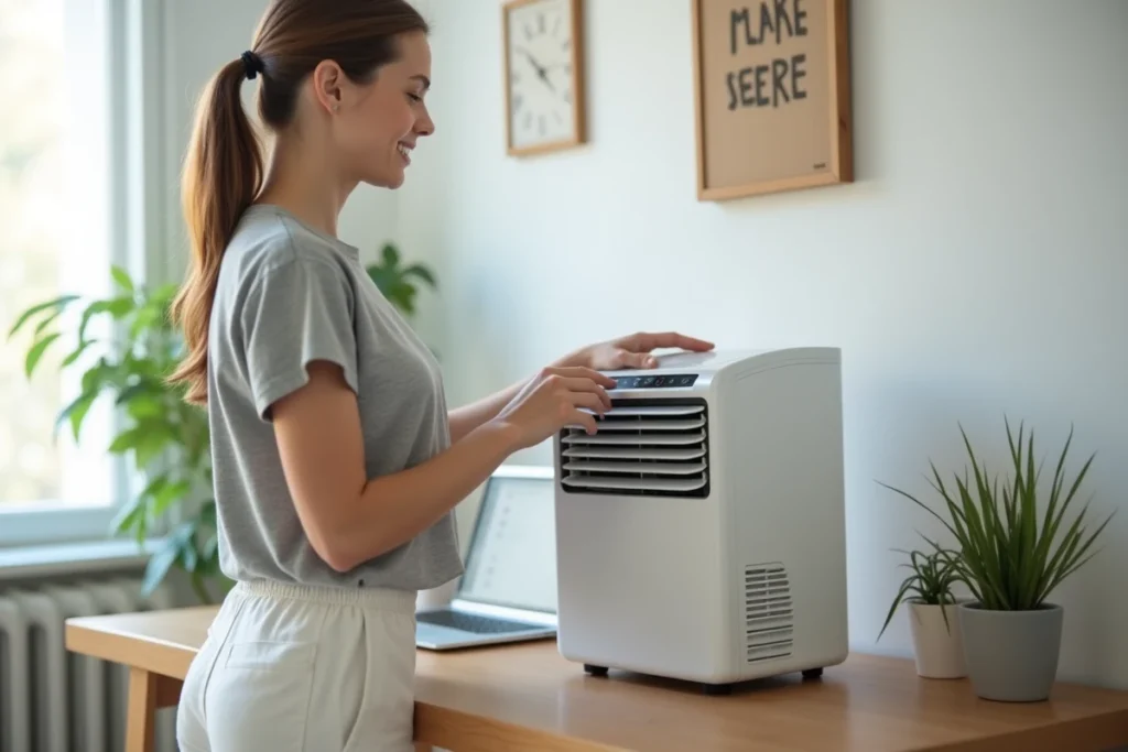 Femme utilisant le panneau de commande du climatiseur Klarstein Maxfresh dans un bureau à domicile bien rangé