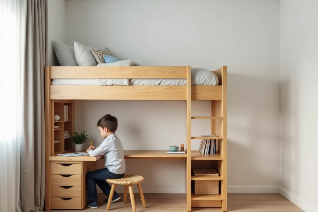 Lit mezzanine avec bureau intégré en dessous dans une chambre d'enfant, garçon dessinant à son bureau sous le lit en bois