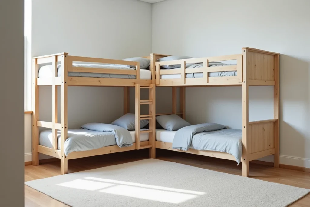 Lits superposés décalés en L dans une petite chambre de deux garçons, dégageant l'angle et libérant l'espace central