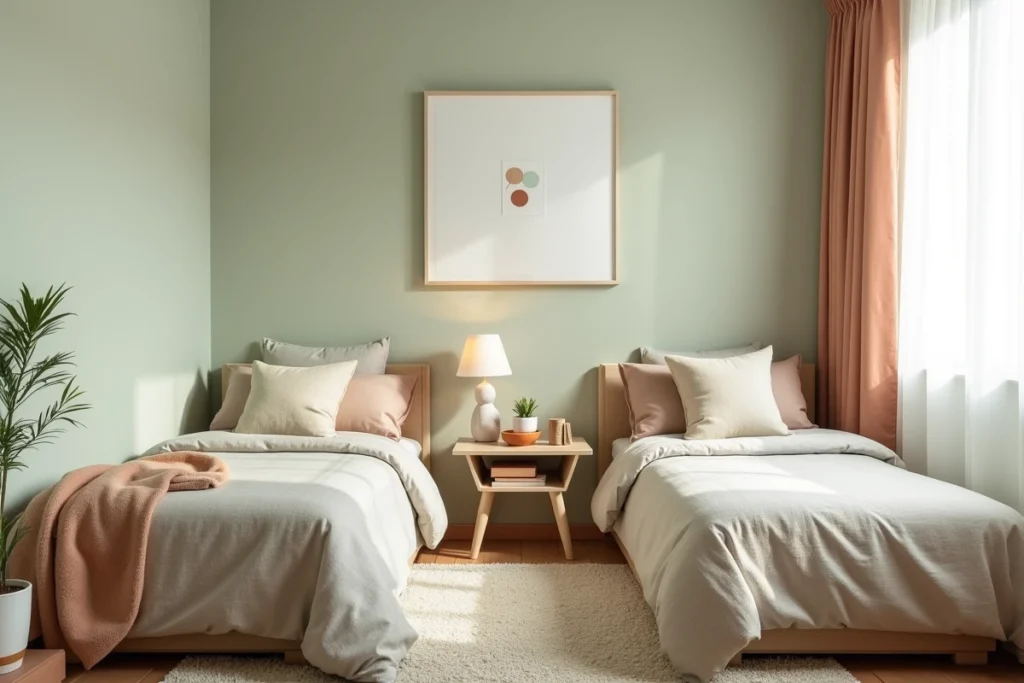 Chambre de deux garçons avec palette de couleurs calmes et non genrées en vert sauge, blanc chaud et terracotta pour agrandir visuellement l'espace