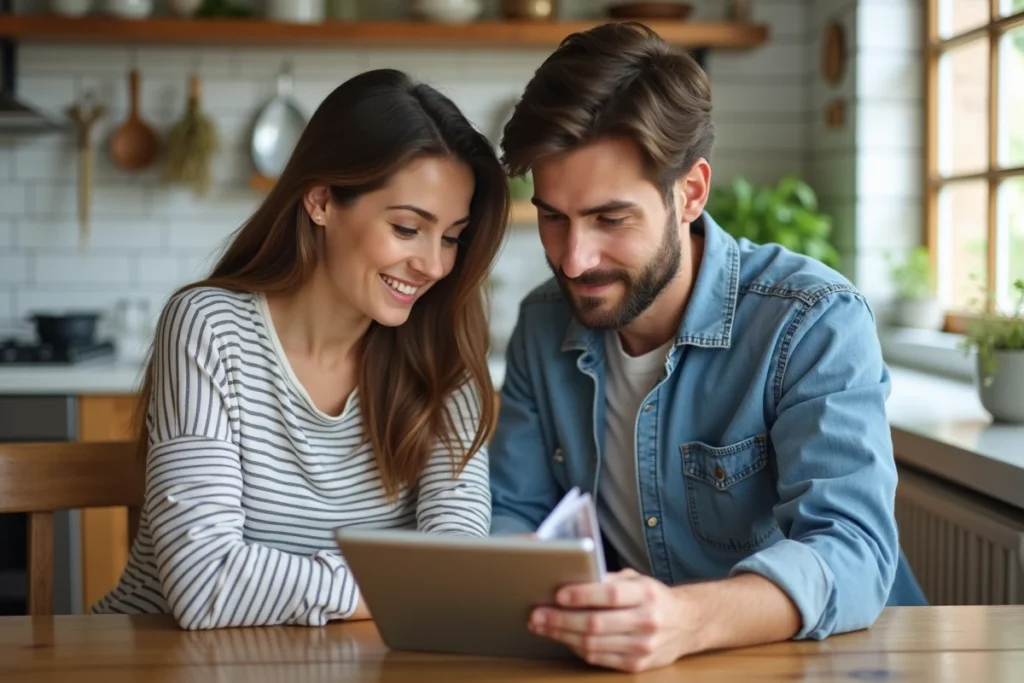 Couple de jeunes parents consultant un magazine et une tablette autour de tendances de parentalité dans une cuisine moderne