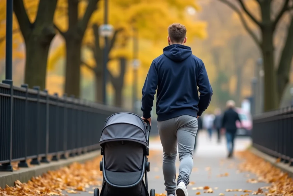 Père promenant son bébé en poussette sur un trottoir bordé d'arbres en automne dans un quartier urbain