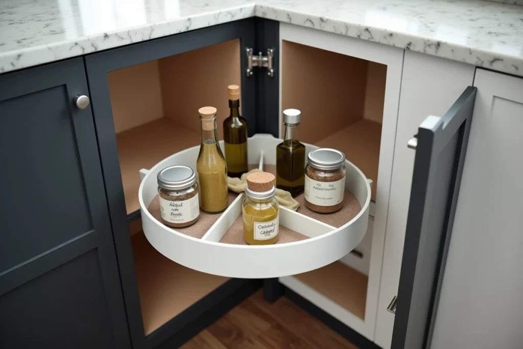 Plateau tournant lazy Susan dans un meuble d'angle de cuisine pour optimiser le rangement des épices et condiments