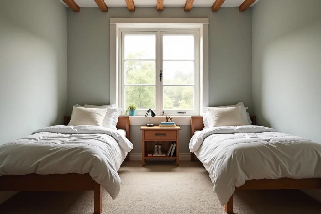 Positionnement des lits loin de la fenêtre dans une chambre de deux garçons pour préserver le confort de sommeil