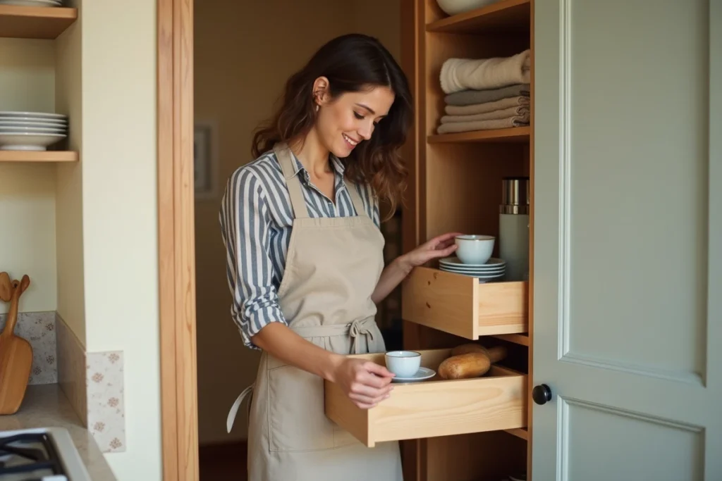 Femme rangeant des ustensiles dans un meuble d'angle avec tiroirs coulissants dans une petite cuisine