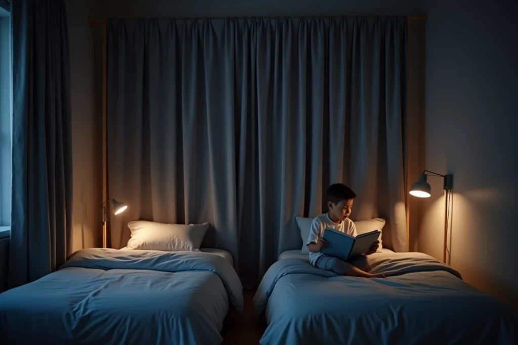 Rideau occultant entre les lits dans une chambre de deux garçons pour créer une intimité nocturne entre les deux zones