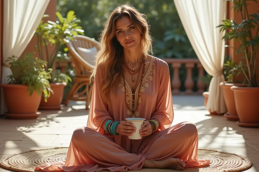 Femme en kaftan indien rose avec bijoux bohèmes en turquoise assise sur une terrasse méditerranéenne en pierre, look hippie chic 70s