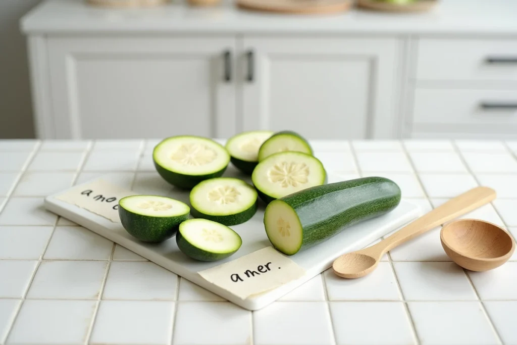 Vue en plongée de tranches de courgettes sur un plan de travail en céramique blanche, avec une courgette amère aux graines apparentes et à la chair pâle identifiée par une étiquette manuscrite