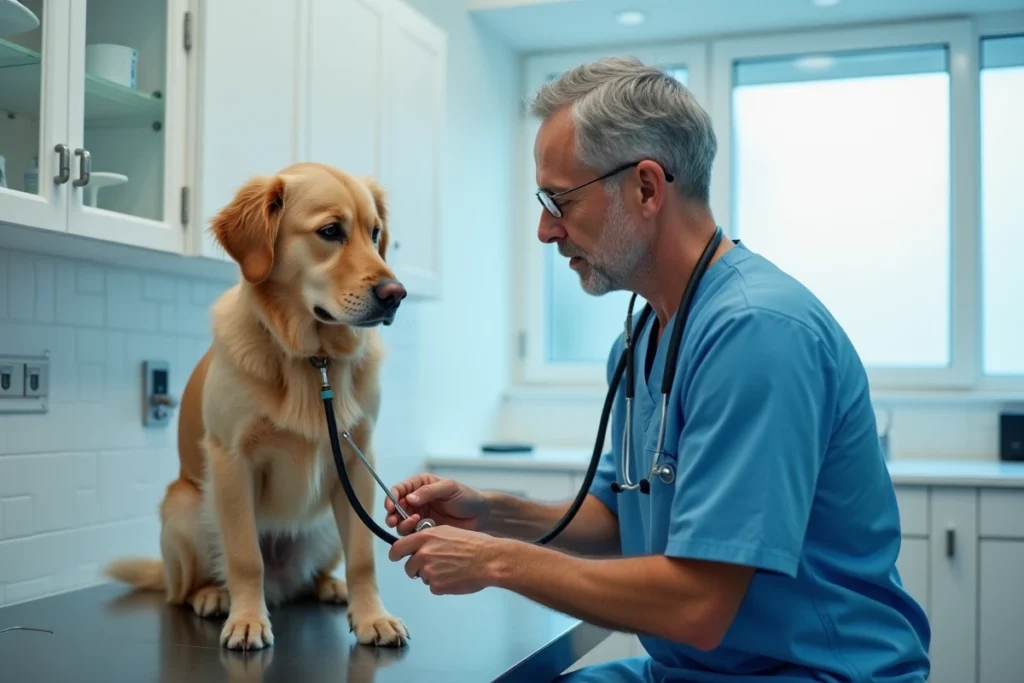 Vétérinaire examinant un golden retriever en clinique, représentant les soins et le bien-être des animaux de compagnie