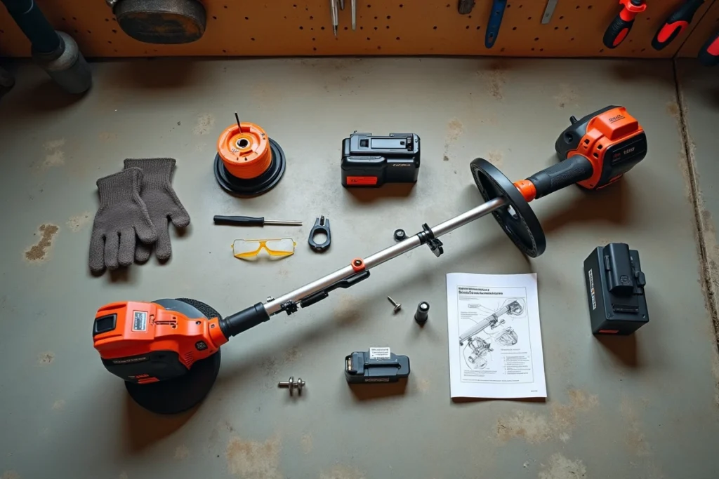 Vue de dessus du matériel et accessoires d'entretien d'un rotofil sans fil disposés sur un sol de garage en béton