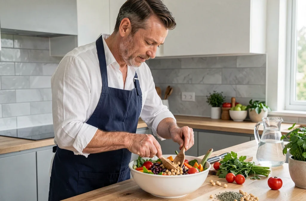 Homme préparant une salade saine et colorée dans une cuisine moderne pour illustrer une alimentation équilibrée au quotidien