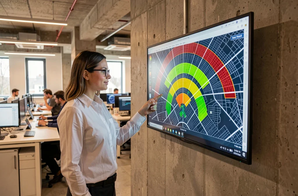 Professionnelle en cybersécurité analysant une carte thermique Wi-Fi pour localiser un appareil Android