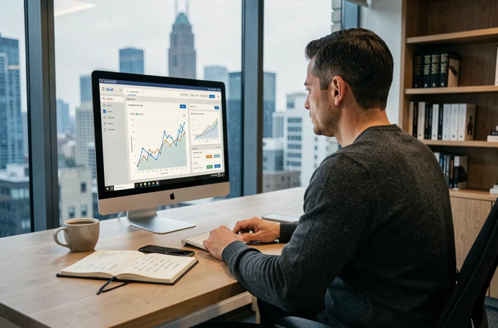 Entrepreneur analysant des données de croissance marketing sur un écran dans son bureau avec vue sur la ville