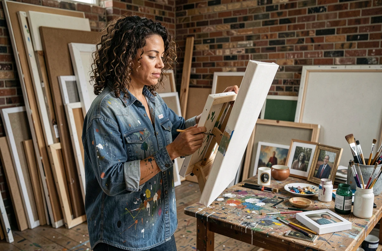 Artiste femme dans son atelier encombré contemplant une toile, illustrant les thèmes d'identité et de créativité de Little Fires Everywhere