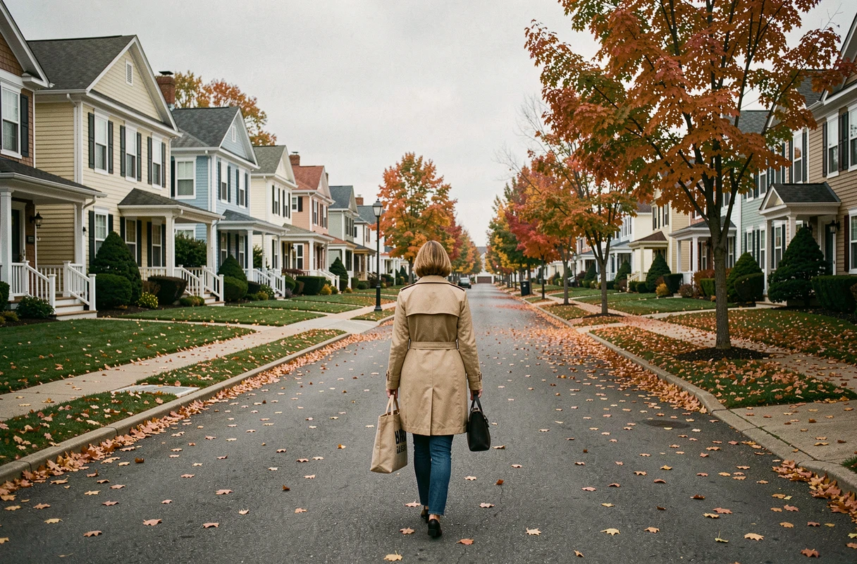 Rue de banlieue américaine en automne avec une femme de dos, atmosphère mystérieuse rappelant l'univers de la série Little Fires Everywhere