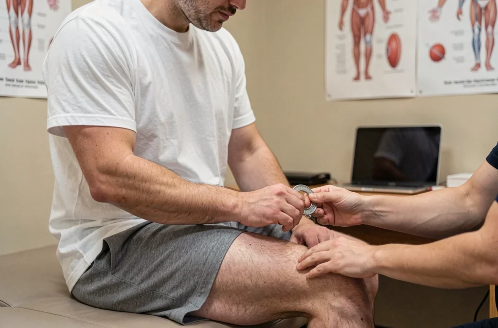 Bilan de flexibilité articulaire réalisé par un thérapeute sportif à l'aide d'un goniomètre en clinique de médecine du sport