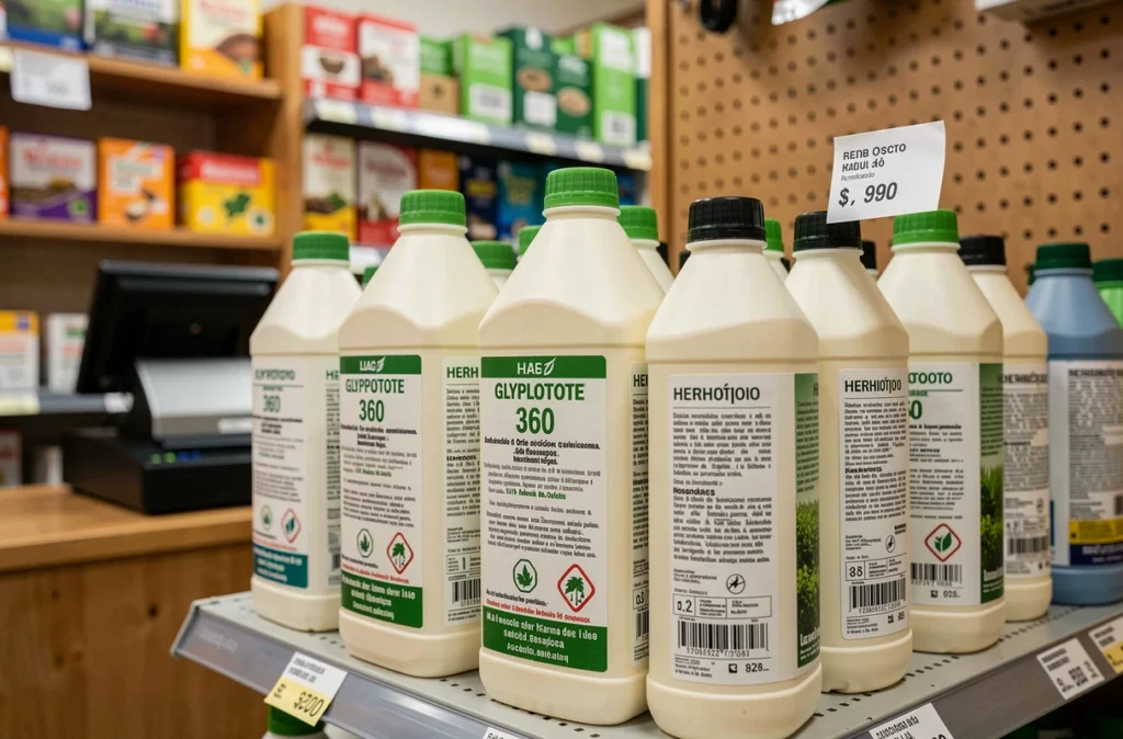 Bouteilles de glyphosate 360 en vente légale dans un magasin agricole portugais avec étiquettes réglementaires