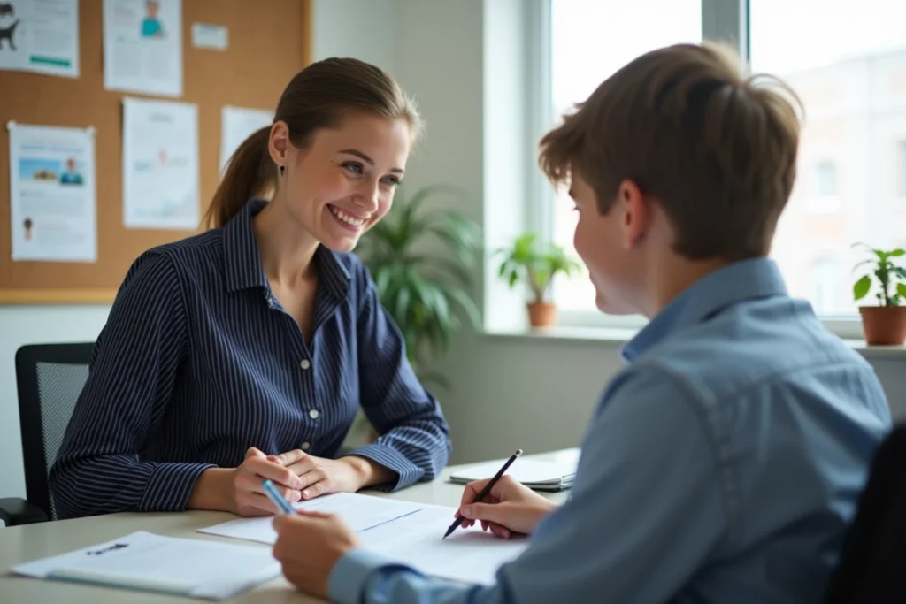 Conseillère expliquant la réglementation du dog-sitting à un adolescent dans un bureau associatif