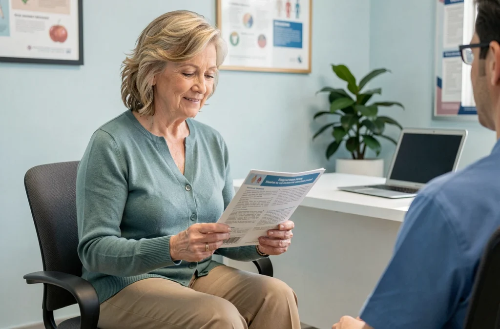 Femme consultant un professionnel de santé et lisant un document informatif dans un cabinet médical moderne