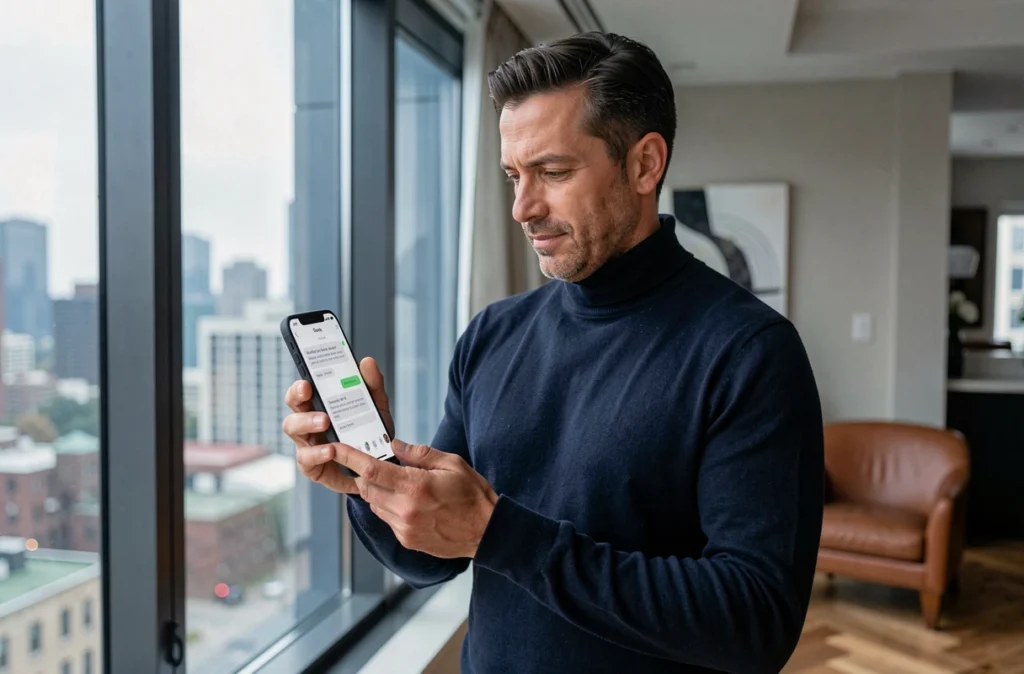 Homme utilisant son smartphone pour contacter le service client d'une boutique de luxe en ligne