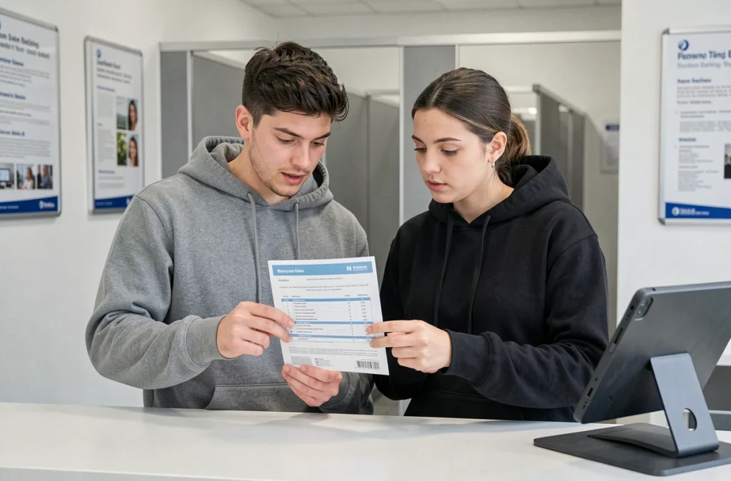 Jeune couple en train d'examiner une brochure sur le compte sur livret dans une agence bancaire moderne
