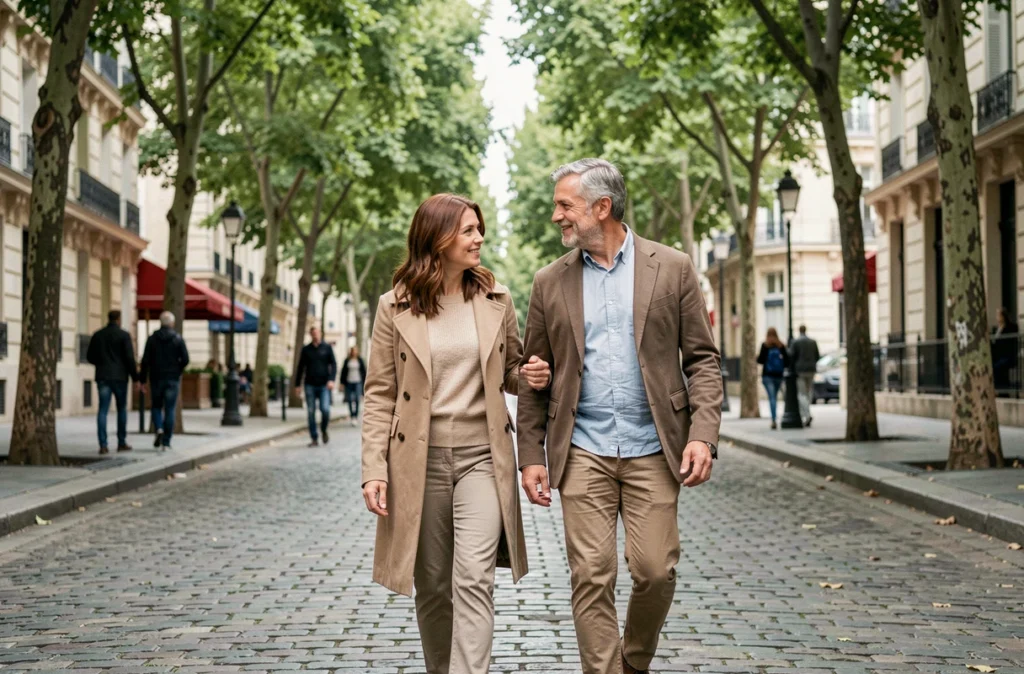 Couple discret se promenant dans une rue parisienne arborée, évoquant l'amour tranquille et la vie privée préservée
